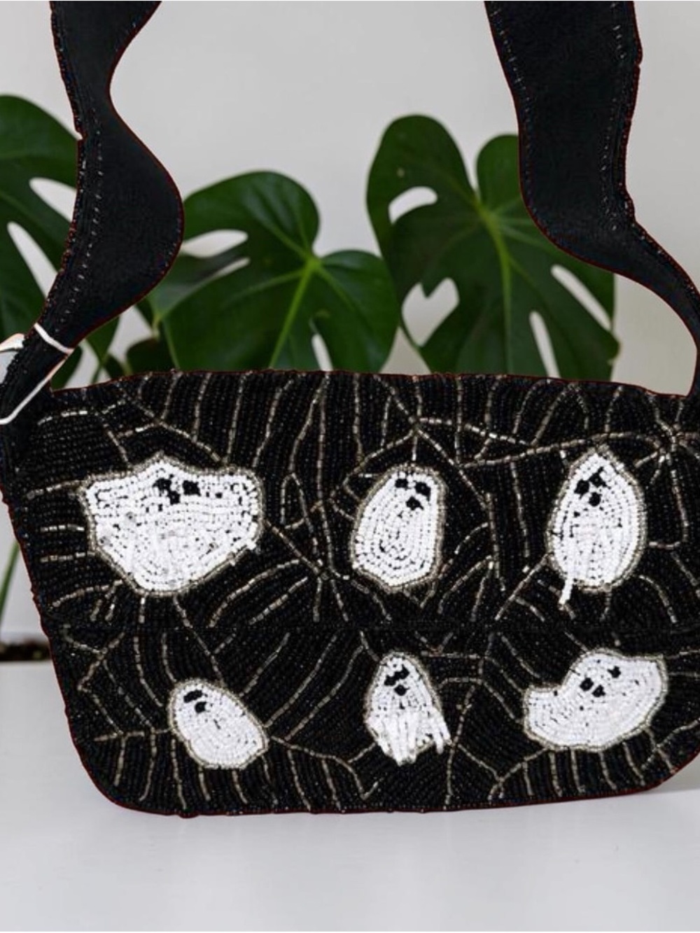 Sol & Mer Black Beaded Ghost Motif Shoulder Bag